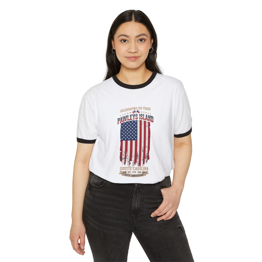 Pawleys Island Distressed American Flag 250 Anniversary Ringer Tee Shirt