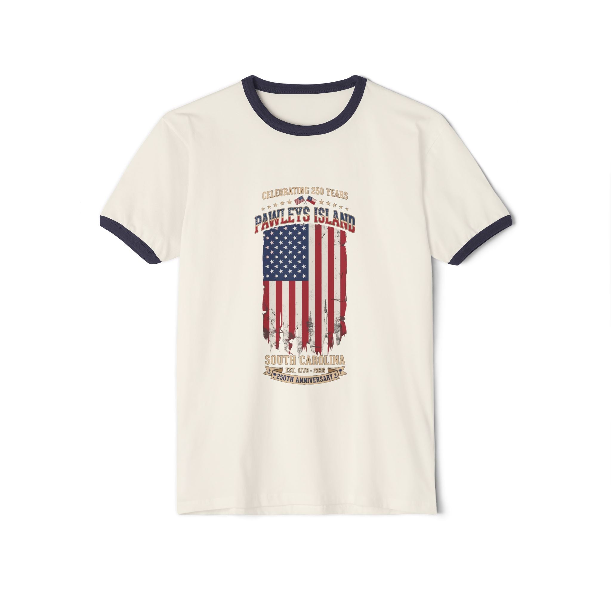 Pawleys Island Distressed American Flag 250 Anniversary Ringer Tee Shirt