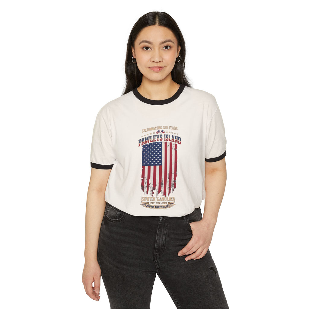 Pawleys Island Distressed American Flag 250 Anniversary Ringer Tee Shirt
